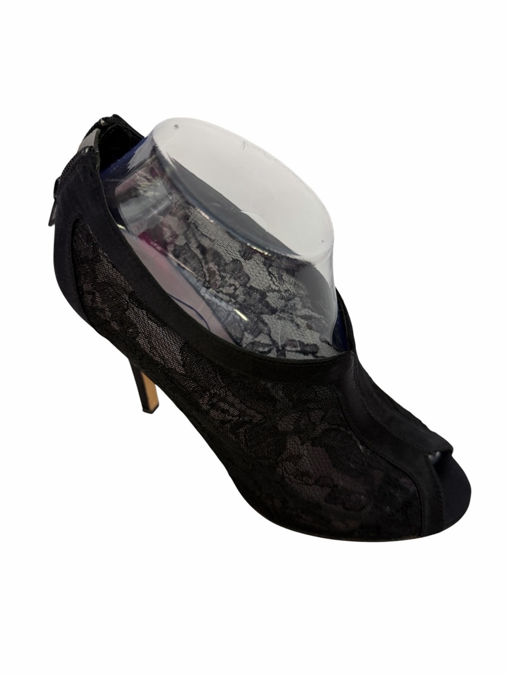 Glint Black Satin Lace Peep-Toe High Heel Bootie